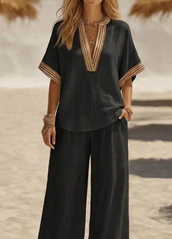 Womens Sleeveless Solid-color Top And Wide-leg Pants Set
