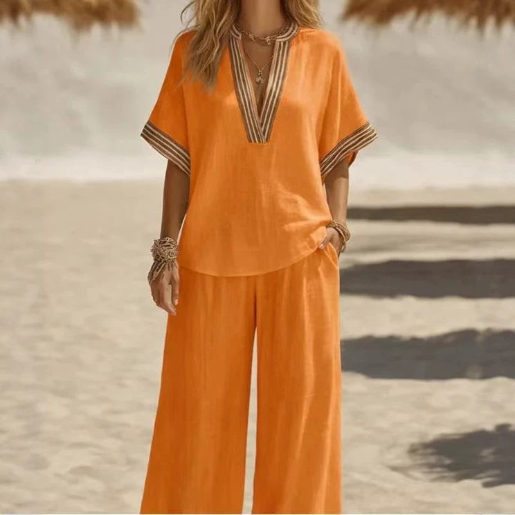 Womens Sleeveless Solid-color Top And Wide-leg Pants Set