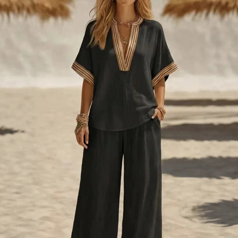 Womens Sleeveless Solid-color Top And Wide-leg Pants Set