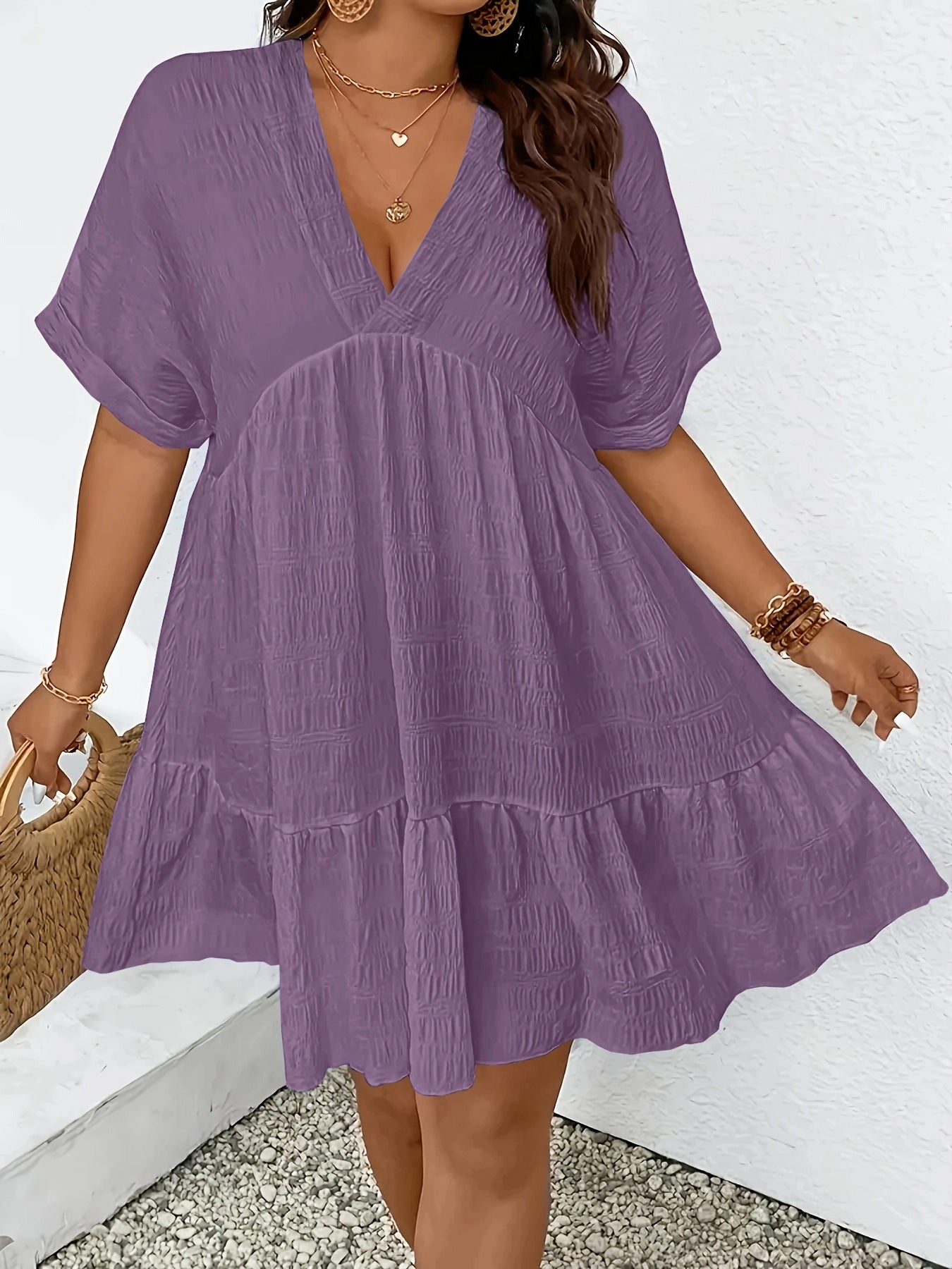 Summer Casual Deep V-Neck Short-Sleeve Loose Dress