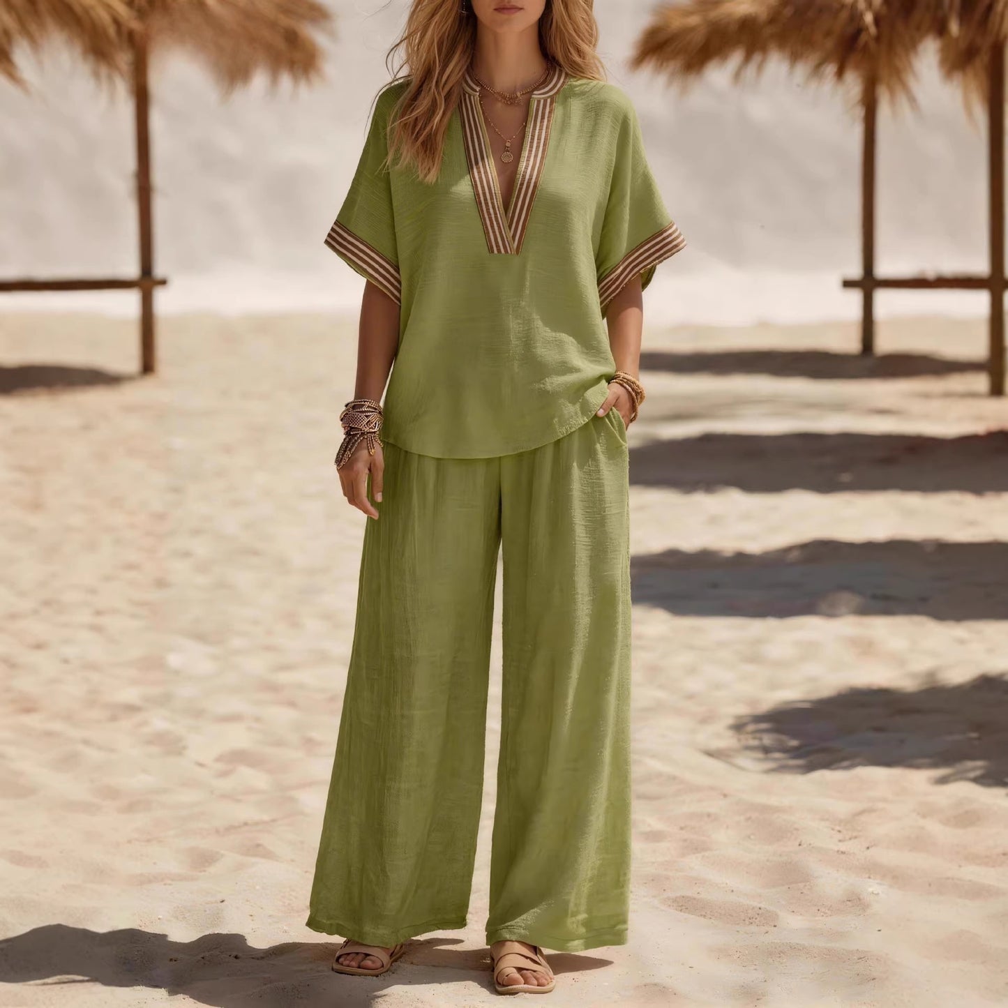 Womens Sleeveless Solid-color Top And Wide-leg Pants Set
