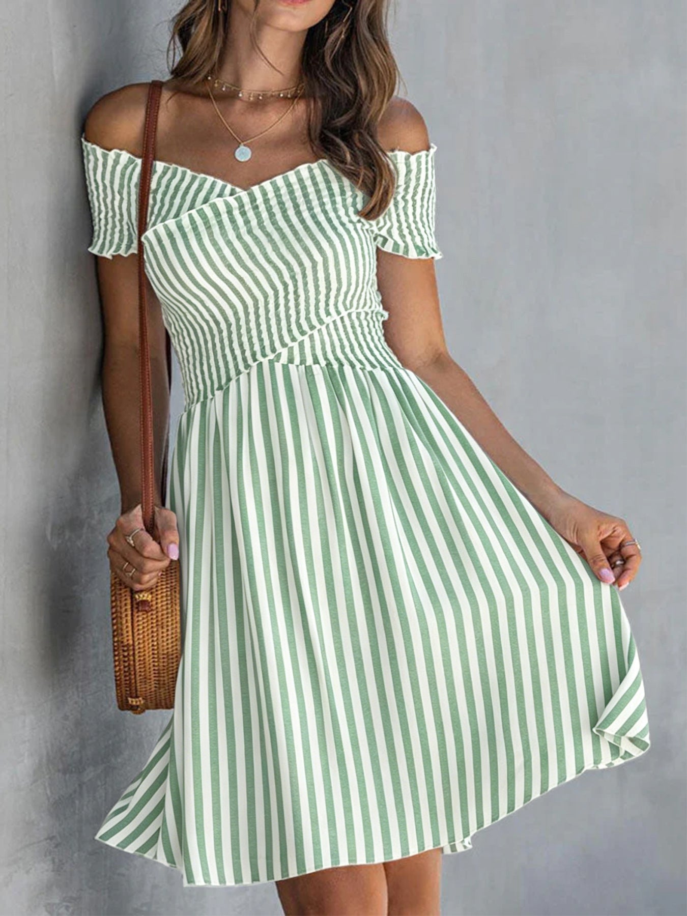 Off-the-shoulder Striped Waist-cinching Dress European And American Style
