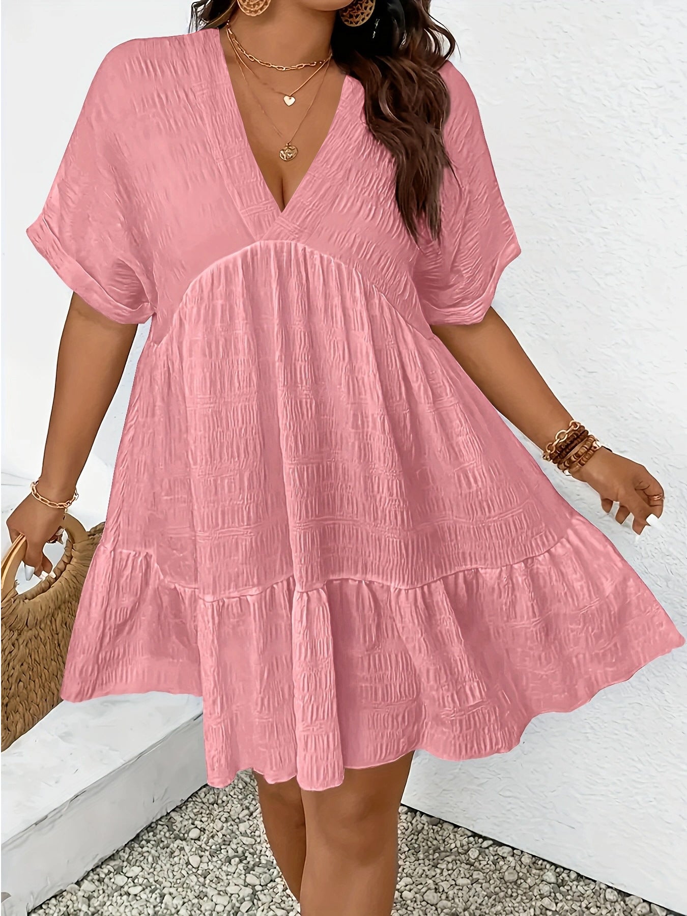 Summer Casual Deep V-Neck Short-Sleeve Loose Dress