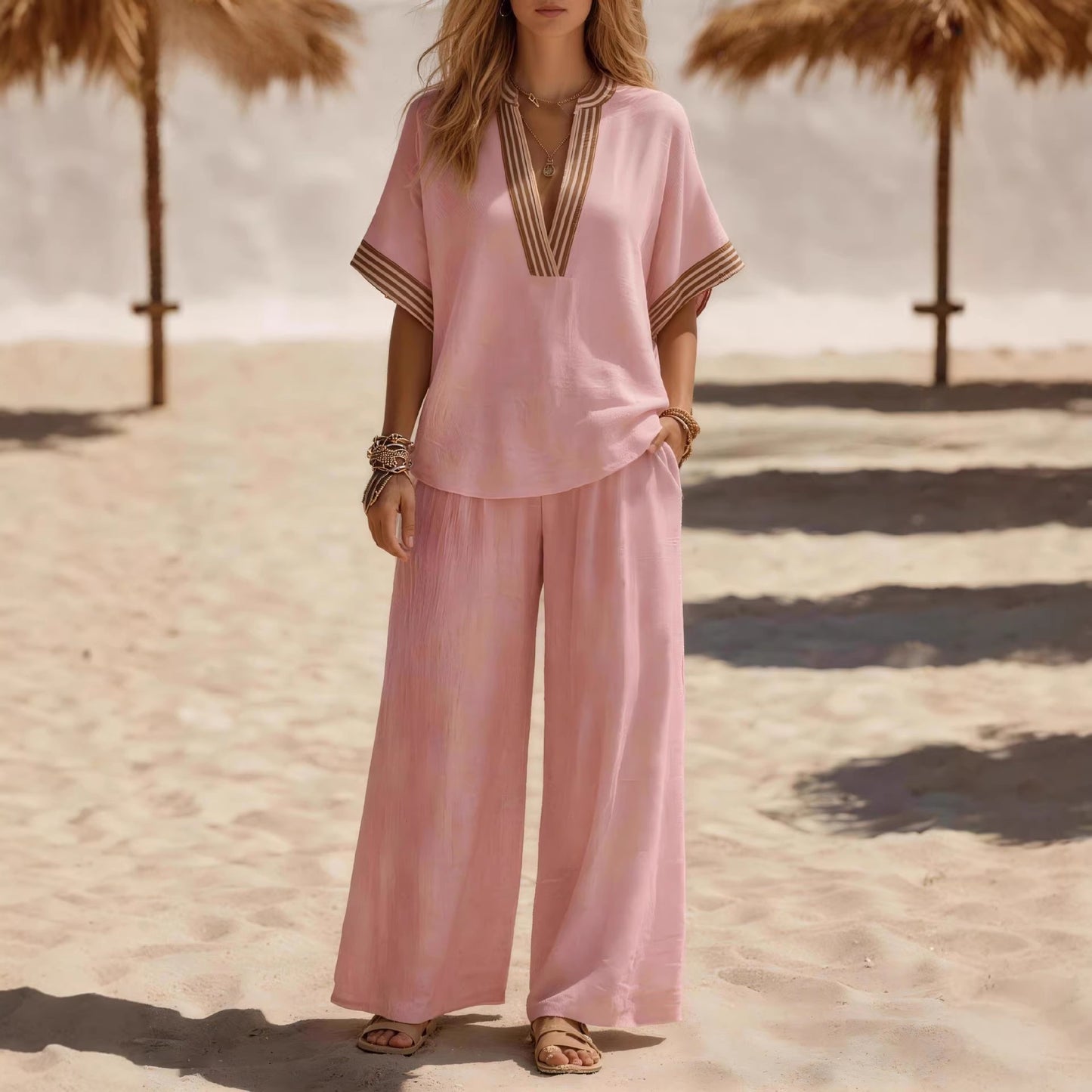 Womens Sleeveless Solid-color Top And Wide-leg Pants Set