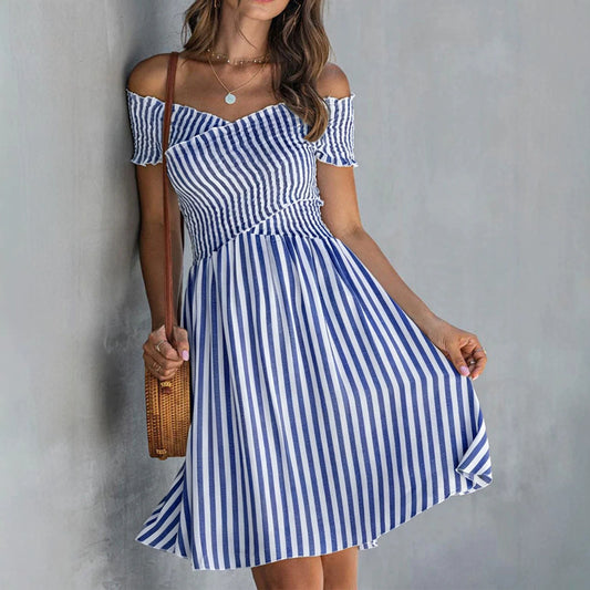 Off-the-shoulder Striped Waist-cinching Dress European And American Style