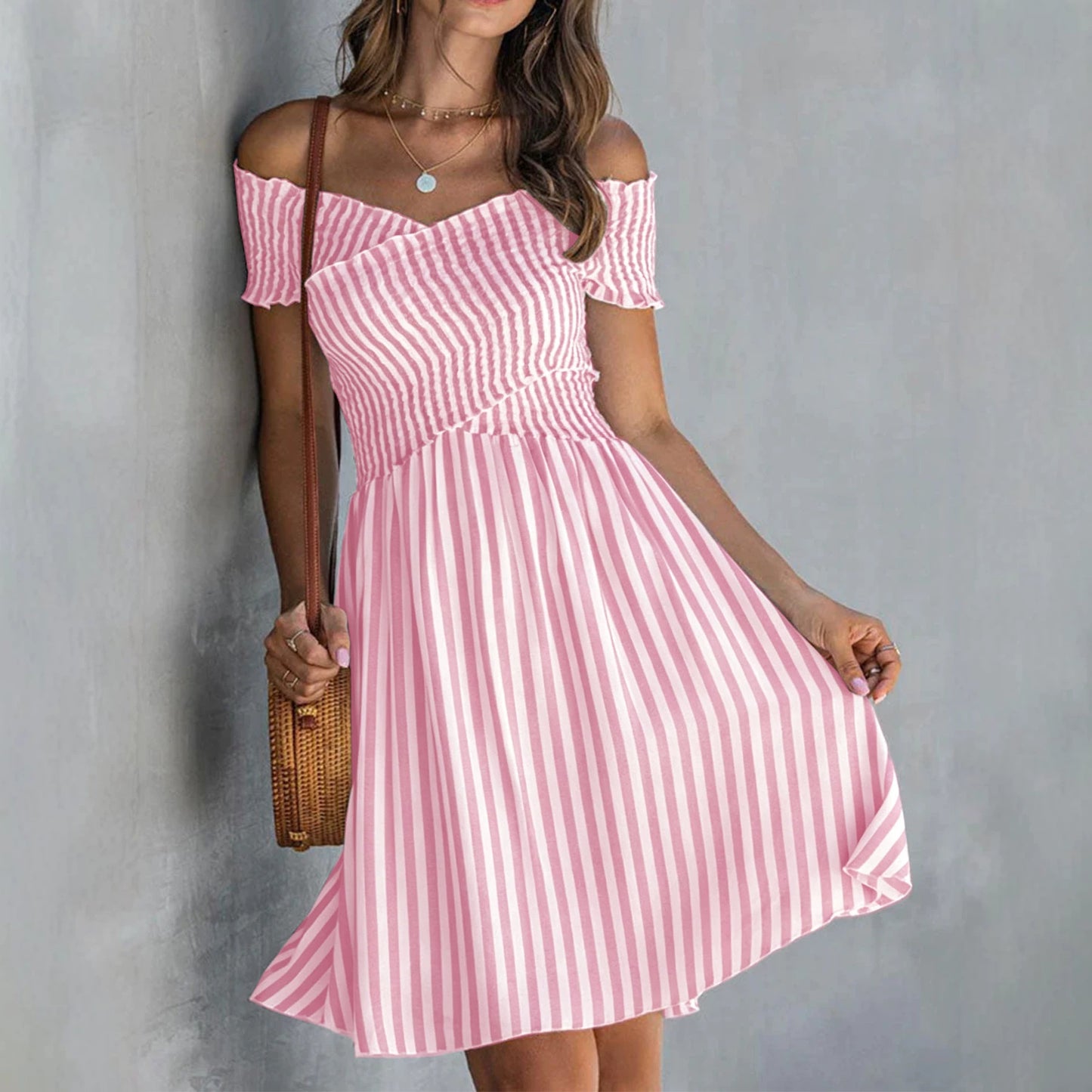 Off-the-shoulder Striped Waist-cinching Dress European And American Style