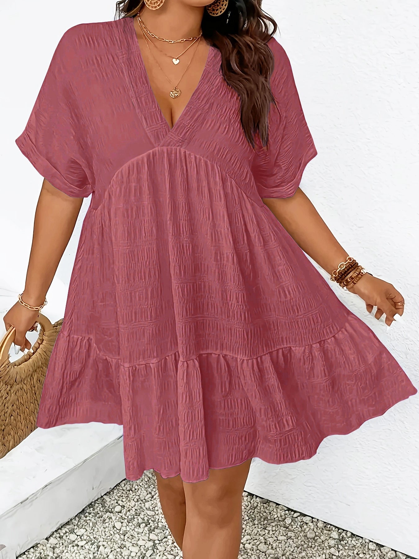 Summer Casual Deep V-Neck Short-Sleeve Loose Dress