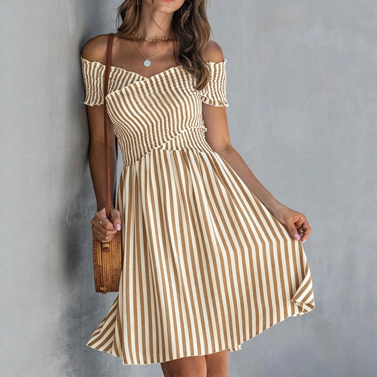Off-the-shoulder Striped Waist-cinching Dress European And American Style